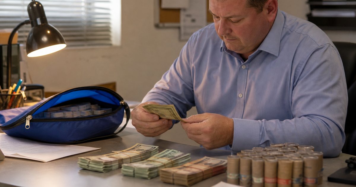 A small store back office desk in early morning light through window blinds, a manager in a button down shirt sorting banded bills beside a zippered blue deposit bag, rolled coins stacked at the edge of the desk, a desk lamp casting warm light