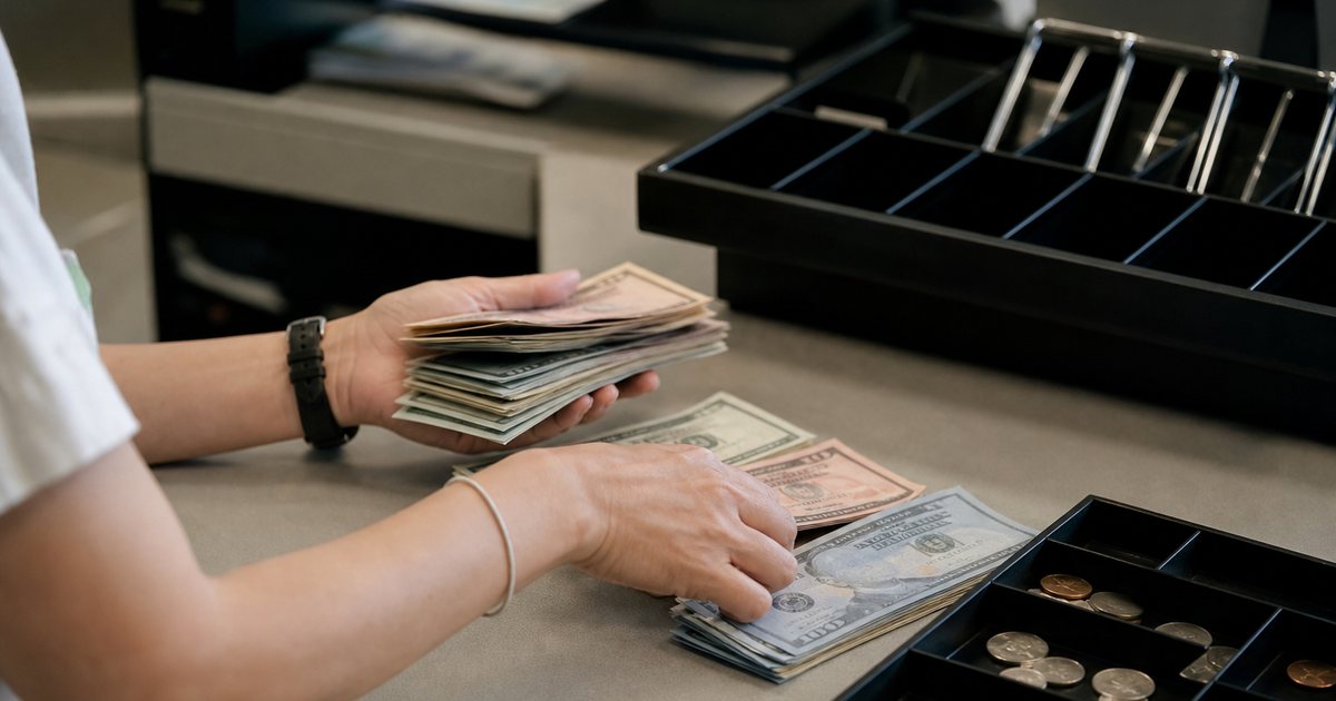 A cashier's hands sorting stacks of paper bills by denomination on a countertop in a back office, a coin tray beside them, the register drawer insert removed and sitting on the desk