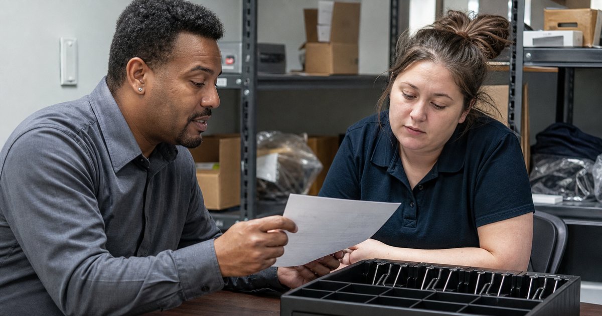 A store manager and a cashier sitting at a small table in a back room looking over a printed sheet together, an empty cash drawer tray resting on the table, neutral office lighting