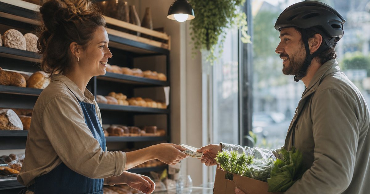 A cashier handing a small stack of bills across a bakery counter to a delivery driver who is holding a cardboard crate of produce, morning light coming through the storefront window
