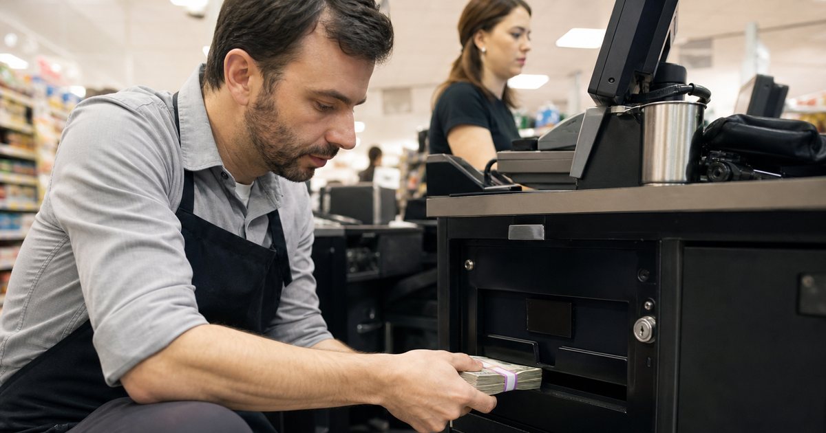 A retail manager in an apron sliding a banded bundle of cash into the slot of a drop safe beneath a checkout counter, a cashier working the register in the background, bright fluorescent store lighting