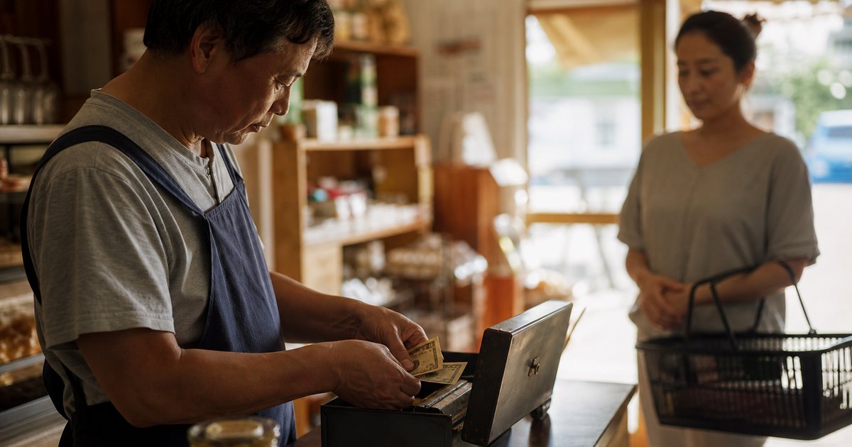 A convenience store checkout counter lit only by daylight from a front window, a cashier in a plain apron counting paper bills into an open metal cash box while a customer waits holding a basket, warm soft light, blurred shelving in the background