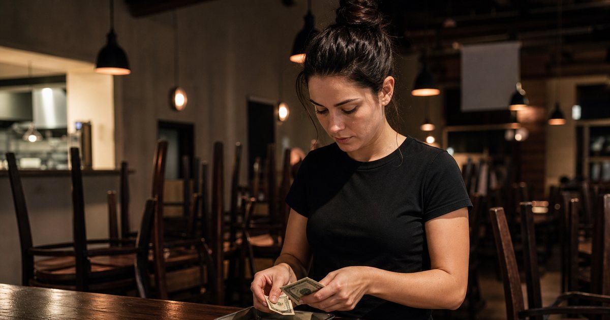 A restaurant server counting folded bills and coins into a small metal tray on a wooden bar top after closing, dim warm pendant lighting, dining chairs stacked on tables in the background