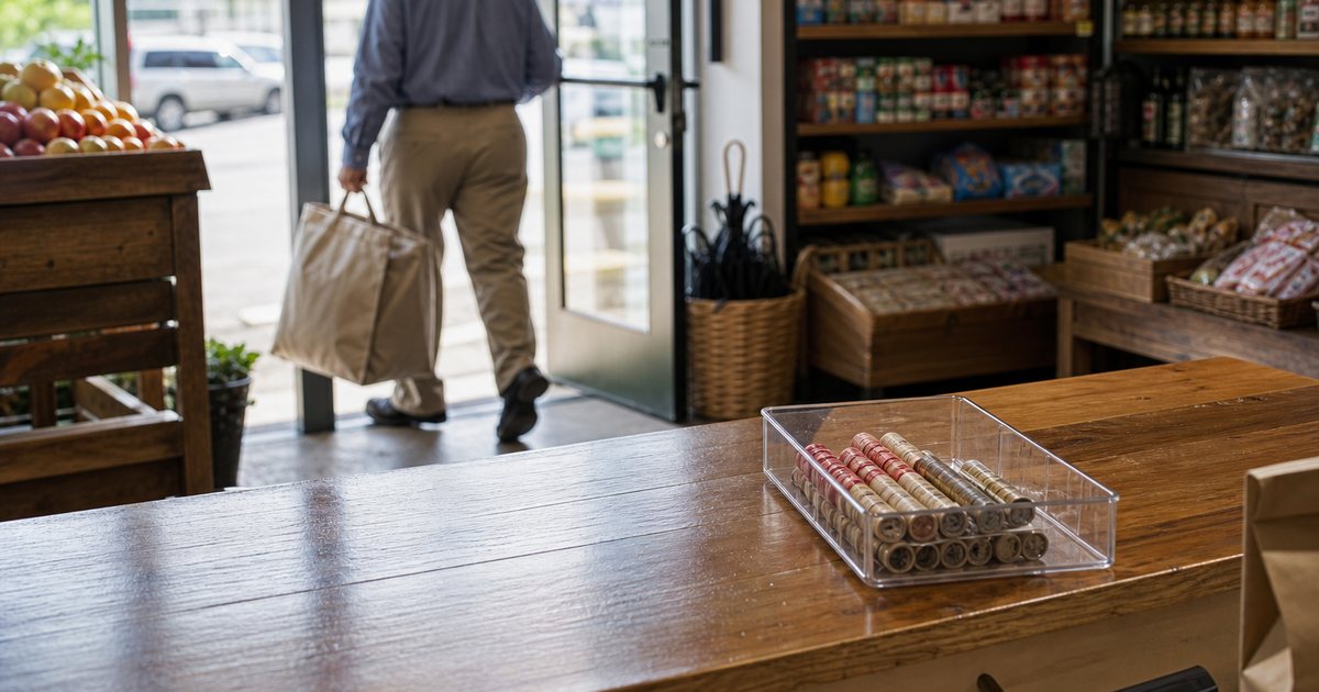 A shop owner carrying a canvas bank bag through the front door of a small grocery store at opening time, rolls of coins in a clear plastic tray on the counter, morning sunlight across the floor